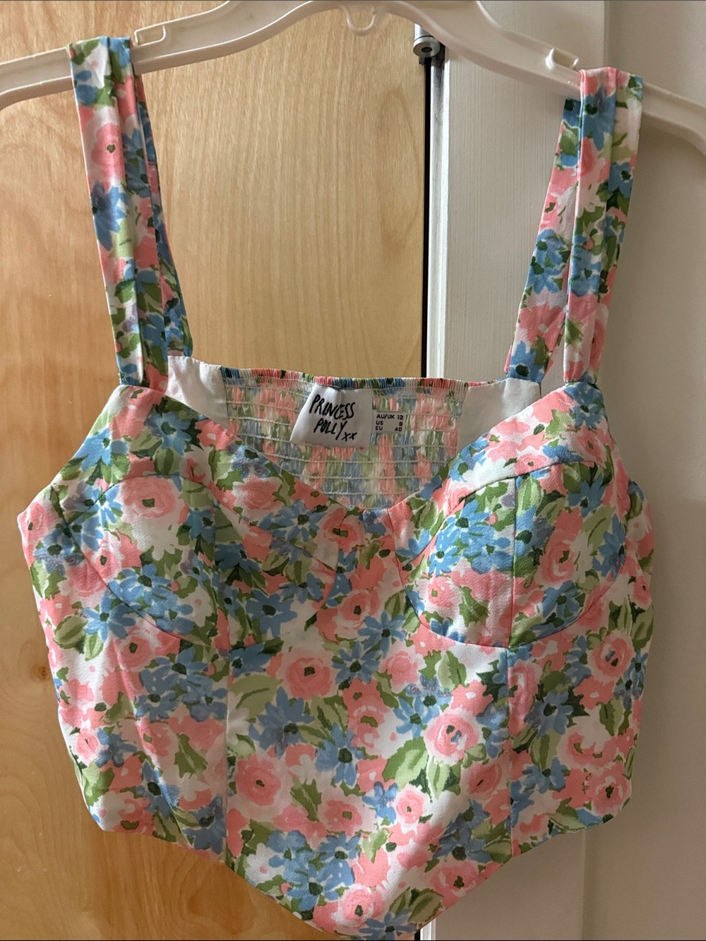 Princess Polly Pink Floral Bustier Crop Top with Blue & Green Accents